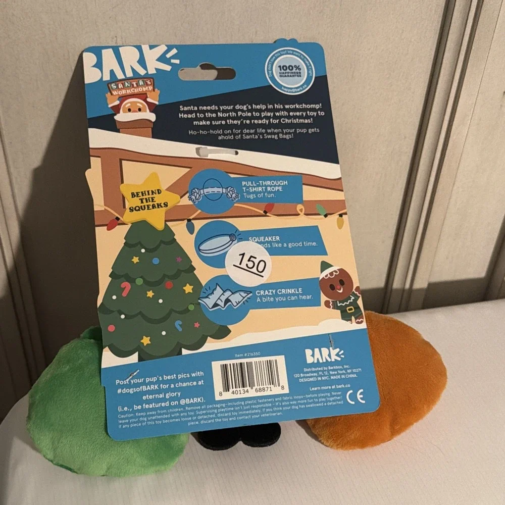 New Bark Box Santa Workchomp Nice Rope Tug Squeaker Dog Toy XS-M Crinkle